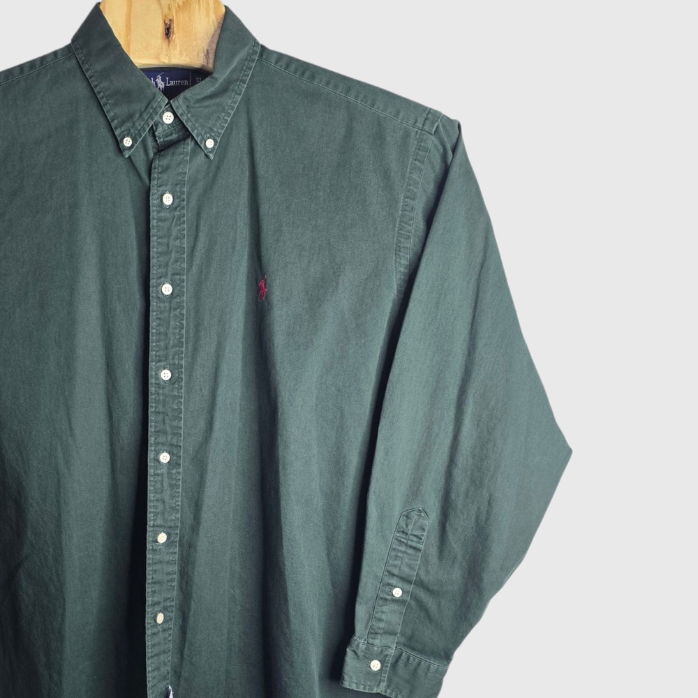 Ralph Lauren Mens XL Hunter Green Cotton Twill Button Down Shirt Red Pony Logo